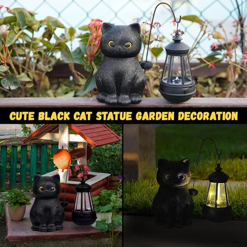 Vista 5 de Estatua solar de jardín, estatuas de gato negro, decoración de jardín con luz LED, estatua al aire libre para patio, balcón, césped, adorno