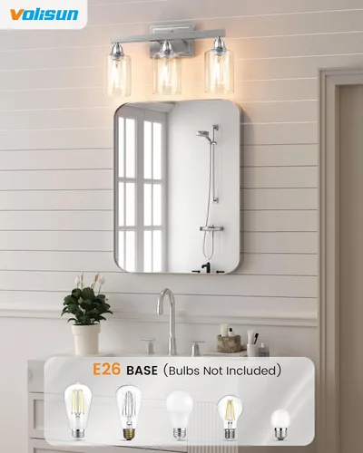 Vista 3 de VOLISUN Accesorios de iluminación de baño de níquel cepillado, 3 luces de cambiador de baño sobre espejo, luces de cambiador modernas para baños