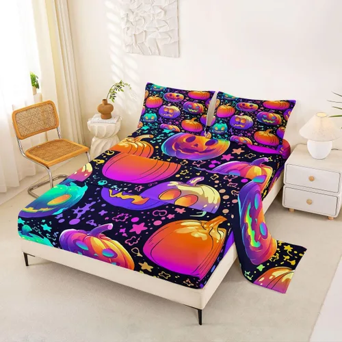 Vista 11 de Erosebridal Sábanas de Halloween para niños y niñas, juego de sábanas espeluznantes de dibujos animados, tamaño individual, juego de ropa de cama