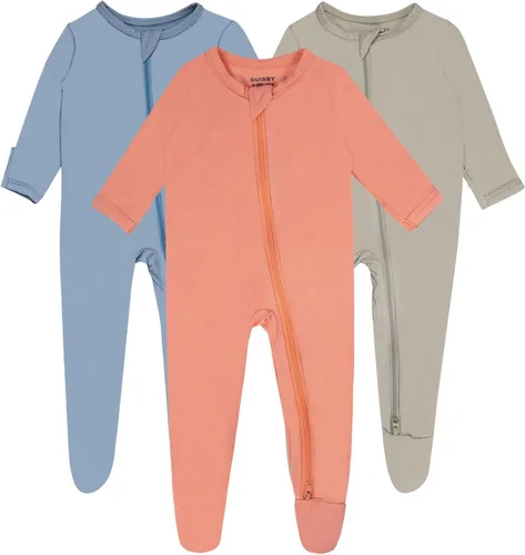 Vista 14 de Pijamas de bebé para niño con pies y puños, hechos de rayón de bambú, con cierre de dos vías y manga larga Celadon-aqua Green-pail Lila