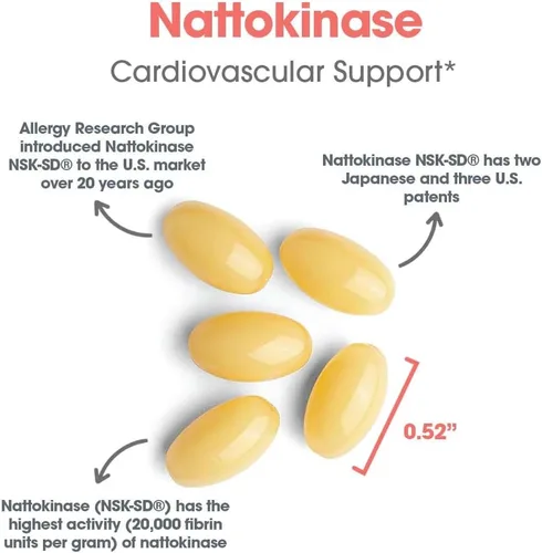 Vista 5 de Allergy Research Group - Suplemento Nattoquinasa NSK-SD 2000 FU, 100mg - Salud Cardiovascular/Circulatoria - 60 cápsulas blandas Nattokinase