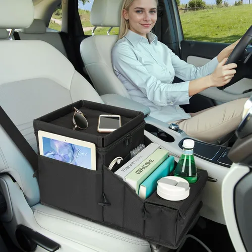 Vista 3 de COOLBEBE Organizador de asiento de automóvil, organizador de asiento trasero de automóvil con portavasos para viajes de niños y adultos, organizador