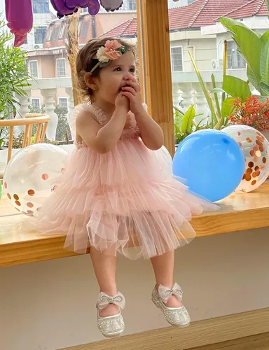 Vista 2 de Tutu Dreams Vestido tutú de 3 capas con volantes de tul para niñas pequeñas con diadema de flores Rosado
