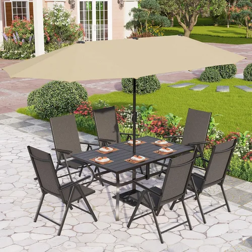 Vista 12 de PHI VILLA Juego de comedor de patio de 5 piezas con sombrilla de 10 pies (beige), juego de mesa y sillas para exteriores con sillas de comedor