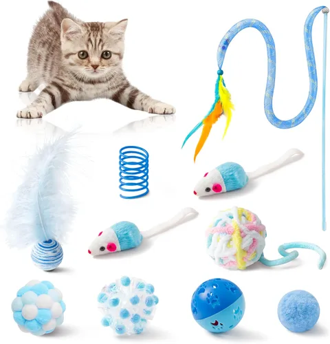 Vista 10 de MALLMALL6 Juego de juguetes interactivos para gatos, paquete de 27 piezas, paquete de 27 piezas, plumas rosadas, varita, resortes, ratones, sisal