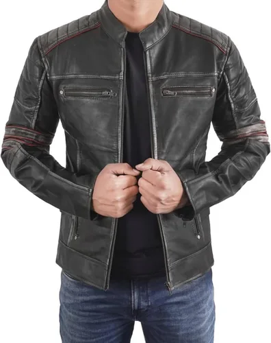 Vista 2 de NM-Fashions Chaqueta de cuero vintage Cafe Racer para hombre, chaqueta de carreras de motocicleta retro