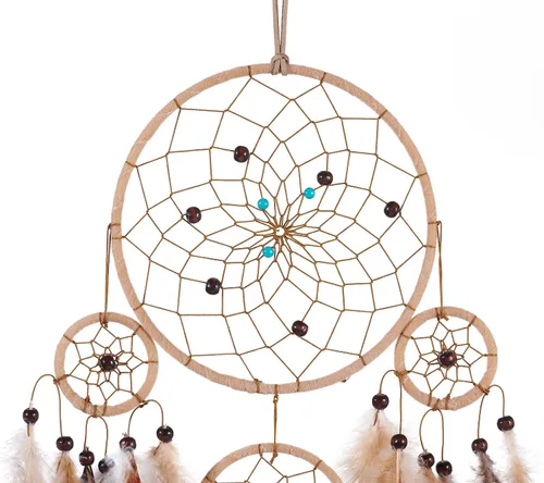 Vista 3 de Atrapasueños marrones, plumas de gallo con multianillo, hecho a mano, gran atrapasueños para dormitorio, atrapasueños para niñas, atrapasueños