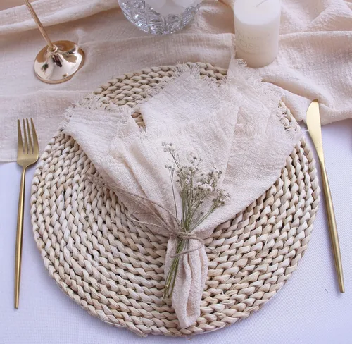 Vista 4 de Servilletas de tela con juego de 6 servilletas de gasa con flecos, 100% algodón natural suave, servilletas lavables, ideales para bodas