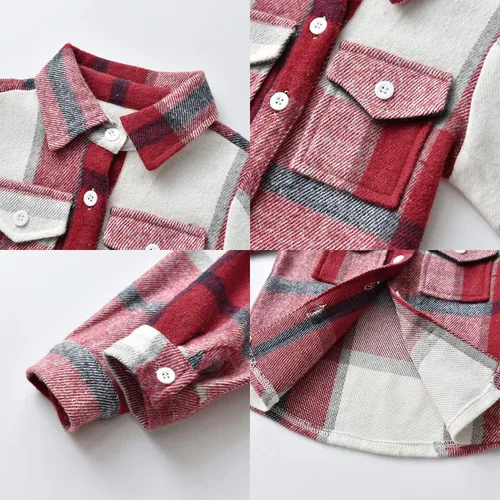 Vista 6 de IBAKOM Chaqueta a cuadros de manga larga con botones para bebés, niños y niñas, trajes de Navidad para otoño e invierno