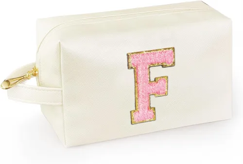 Vista 29 de Bolsa de maquillaje personalizada con inicial con asa, bolsa de cosméticos de preparación con bolsillo interior con cremallera, 8, 9, 10, 11, 12 Rosa