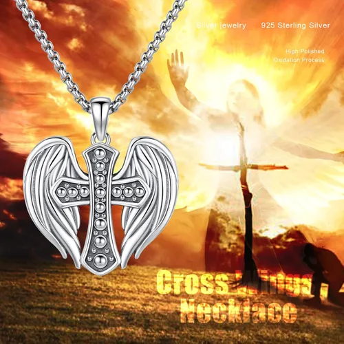 Vista 5 de Collar de ala de ángel de corazón de plata de ley, collares con dije de cruz de protección, joyería de cumpleaños, regalos de Navidad para mujeres