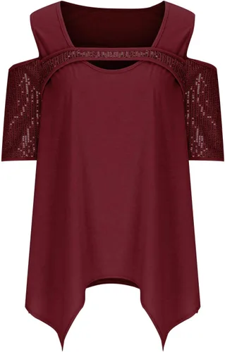 Vista 6 de Blusa de manga corta con hombros descubiertos y talla grande, con lentejuelas brillantes y empalme de moda, con dobladillo de pañuelo