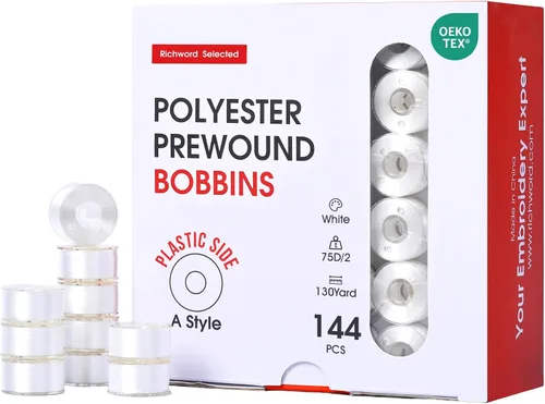 Vista 10 de Poolin Bobinas preenrolladas Richword Selected 25 unidades, blanco + negro, tamaño A, lado de plástico, hilo de poliéster 70D/2 (60WT) para máquina