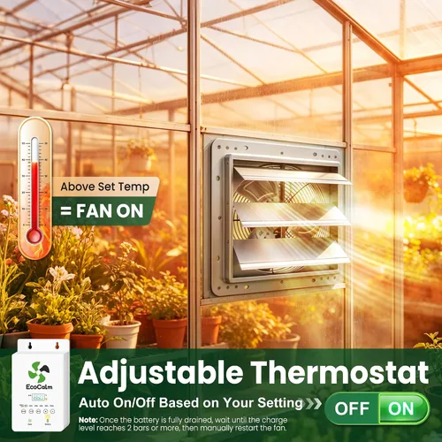 Vista 3 de Ventilador de escape solar de 12 pulgadas para invernadero con termostato inteligente, batería
