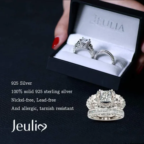 Vista 2 de Jeulia Juego de anillos de compromiso de calavera de plata de ley, anillos de compromiso de eternidad, diamantes de corte princesa con circonita