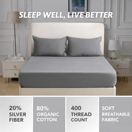 Vista 4 de Grounding Sheets King, 20% fibra plateada, 80% algodón orgánico certificado GOTS, 400 hilos, refrescante, suave, sábana bajera ajustable de bolsillo