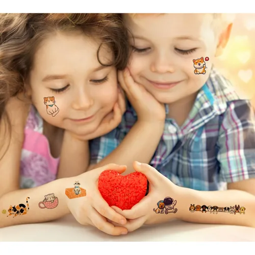 Vista 3 de UVUXO Tatuaje temporal de gato y perro para niños, 102 estilos de animales de dibujos animados temporales para niñas, niños, cuerpo, brazo, hombro