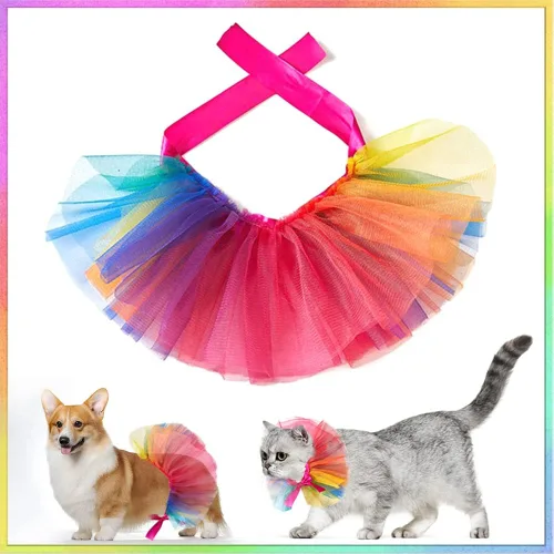 Vista 2 de Threetols Disfraz de arco iris para perro, vestido de princesa del orgullo navideño para gatos y perros, juego de tutú y collar para mascotas