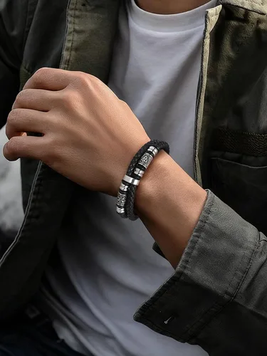 Vista 9 de FaithHeart Pulsera vikinga para hombre, pulsera de cuero trenzado de doble fila con cierre de acero inoxidable, brújula vikinga, pulsera vintage