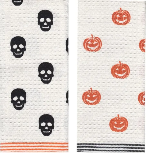 Vista 3 de Juego de toallas de cocina de Halloween, toallas de mano con lazo para colgar, diseño de calaveras con tema de calabaza, decoración del hogar