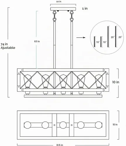 Vista 7 de Lámpara de araña de granja para comedor, lámpara rectangular de 5 luces, iluminación de isla de cocina de madera, 31.5 pulgadas de largo