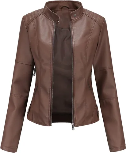 Vista 7 de DEAR MODEL Chaqueta de cuero sintético para mujer, chaqueta de motocicleta con cinturón para mujer, Marrón