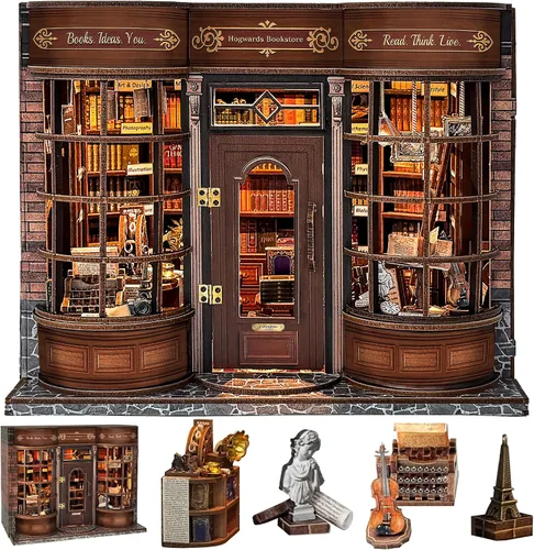 Vista 8 de SUNNINO Kit de Rincón de Libros - Kit de Casa de Muñecas en Miniatura DIY, Rompecabezas 3D de Madera con Luz LED, Kits de Rincón de Libros