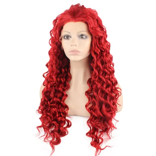 Vista 3 de Mxangel largo resistente al calor Fibra pelo rojo elegante rizado Encaje frontal peluca