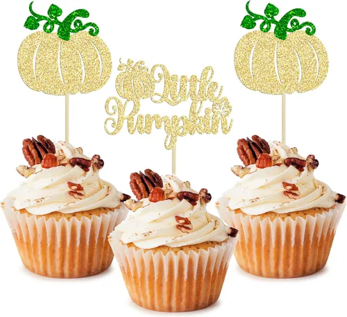 Vista 23 de 24 adornos para cupcakes de calabaza para niños o niñas con purpurina para revelación de género, decoración para cupcakes de calabaza, pies