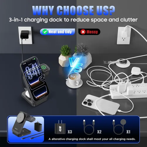 Vista 4 de 25W 3 en 1 cargador inalámbrico para iPhone y Samsung, cargador rápido