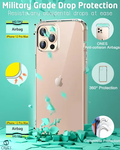 Vista 4 de ONES Funda delgada transparente para iPhone 12 Pro Max - Protector de silicona TPU suave con protección militar contra caídas, bolsas de aire a