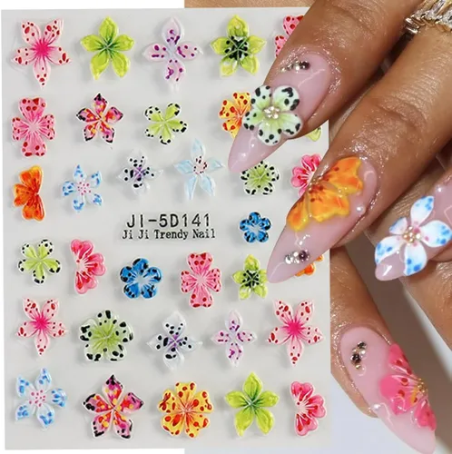 Vista 4 de 4 hojas de calcomanías de flores para arte de uñas, calcomanías de hibisco en relieve 5D, rosa, blanco, lirio, hibisco, flores tropicales, verano