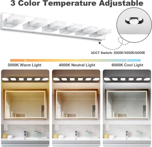 Vista 2 de GOODATE Lámparas de baño regulables de 3 colores sobre el espejo, luces LED cromadas, de acero inoxidable acrílico, 6 luces de tocador de baño