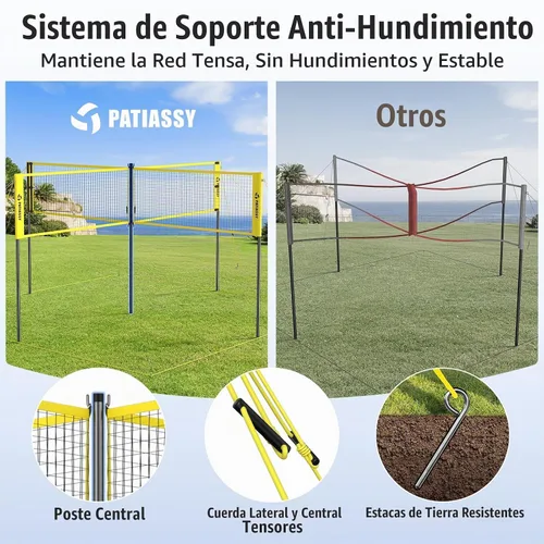 Vista 2 de 4 Square Volleyball Game Set, 4 Way Net System with 16FT & 32FT Court, Adjustable Height Backyard Badminton Combo, Portable Outdoor Kit with Ball
