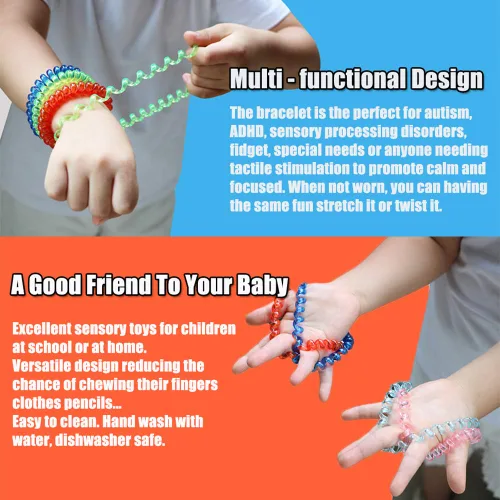 Vista 6 de Pulseras sensoriales elásticas en espiral para niños y niñas, paquete de 12, pulseras para niños pequeños, ayuda divertida para el habla