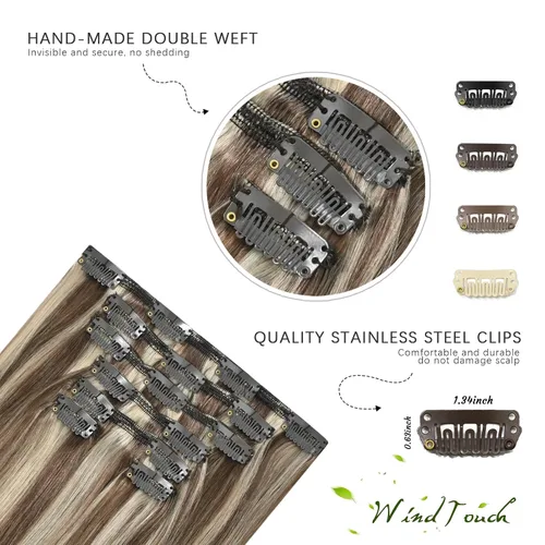 Vista 7 de WindTouch Extensiones de cabello humano real con pinzas, balayage, color rubio ceniza a rubio platino, con reflejos gruesos para cabeza completa, 14
