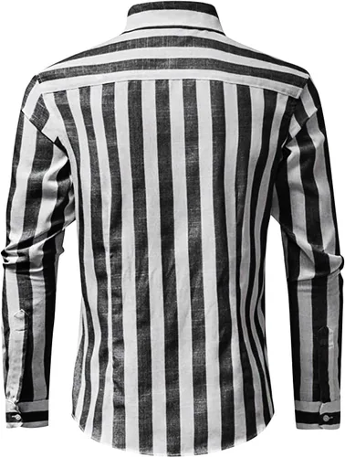Vista 3 de Camisa a rayas para hombre, estilo vintage, con botones, manga larga, casual, ajuste regular, camisetas de algodón retro grandes y altas