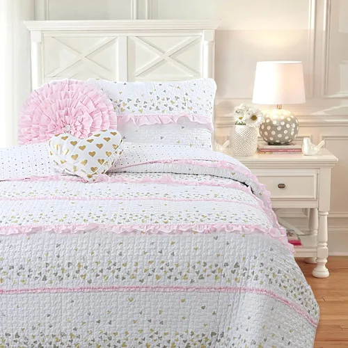 Vista 9 de Cozy Line Home Fashions - Juego de ropa de cama reversible de lunares y rayas en negro, blanco y rosa, con estrellas, de 100% algodón, colcha