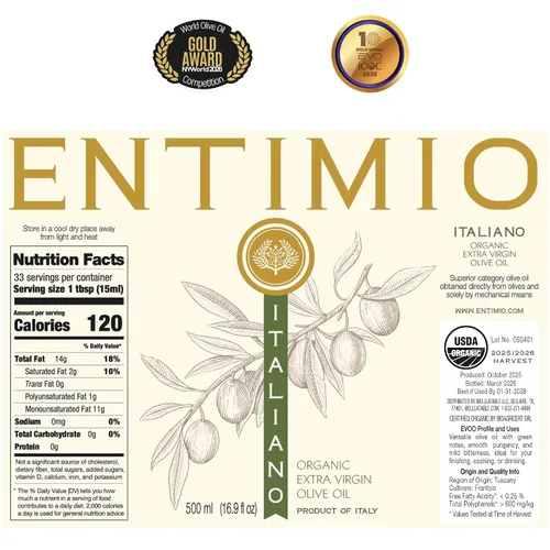 Vista 7 de Entimio Italiano Polifenoles italianos ricos (+400 mg/kg) 2023-2024 Nuevo aceite de oliva orgánico de cosecha fresca delicado extra virgen