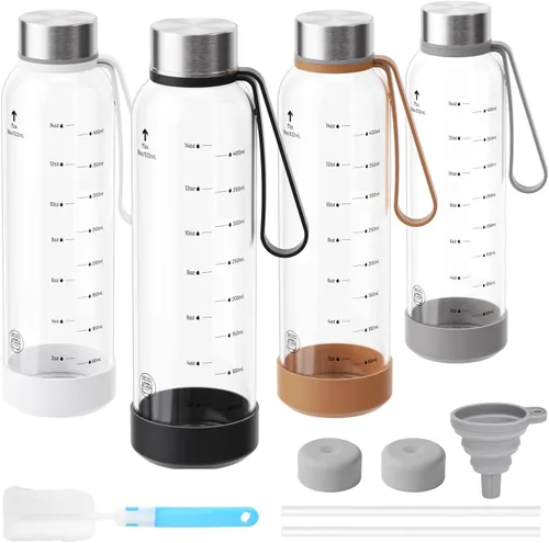 Vista 10 de Sursip Botellas de agua de vidrio de 18 onzas con tapas, botellas de jugo, botella de jugo de vidrio transparente para exprimir, botellas de jugo