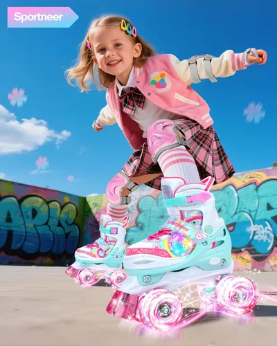 Vista 2 de Sportneer - Patines de ruedas para niños con juego de protección, patines ajustables para niñas en 4 tallas con 8 ruedas LED brillantes, patines
