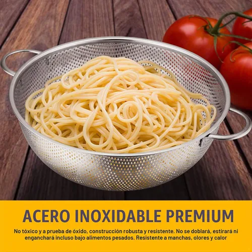 Vista 4 de E-far Juego de 3 coladores de acero inoxidable (1-3-5 cuartos de galón), colador de metal microperforado con mango para cocina/escurrimiento