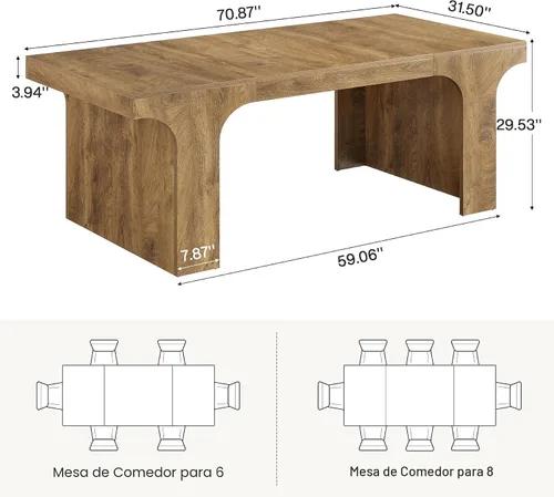 Vista 2 de Tribesigns Mesa de comedor grande de 71 pulgadas para 6-8, mesa de cocina de madera de granja con diseño arqueado, mueble rectangular de comedor