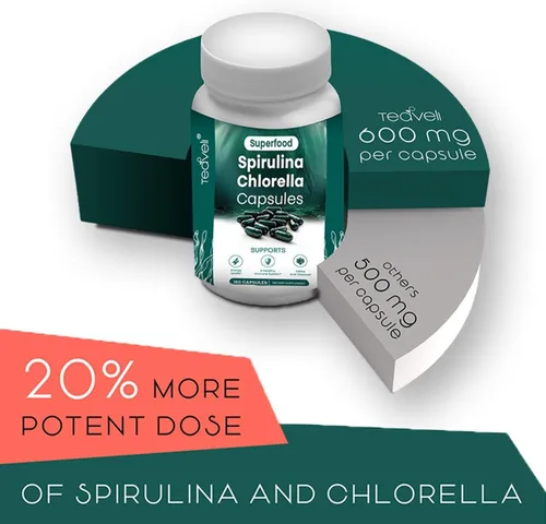 Vista 6 de Teaveli Paquete de cápsulas de Spirulina Chlorella y jugo de hierba de cebada en polvo