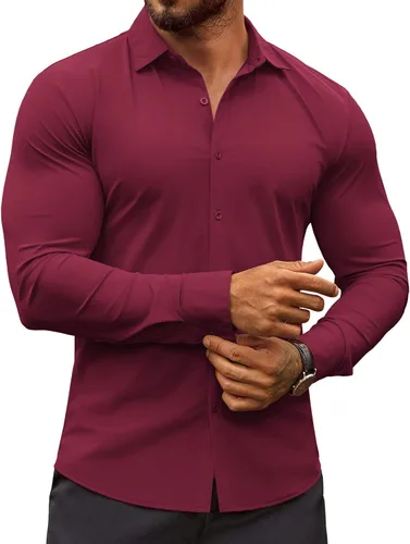 Vista 20 de COOFANDY Camisas de vestir ajustadas para hombre, sin arrugas, manga larga, casuales, con botones