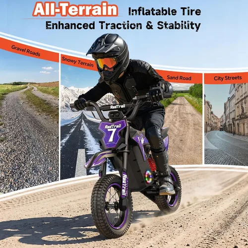 Vista 4 de Motocicleta eléctrica de 36 V para niños de 4 a 10, 700 W pico y máximo Morado