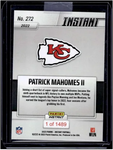Vista 2 de PATRICK MAHOMES II 2022 Panini Instant Awards /1489 Chiefs #272 MT-MT+ NFL Football MVP
