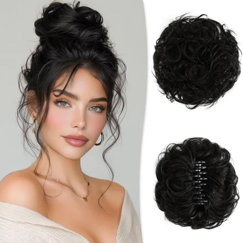 Vista 28 de RUWISS Extensiones de cabello humano real, ondulado y rizado, moño despeinado, cola de caballo para mujer (12H24# castaño rojo/rubio mediano)