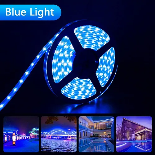 Vista 3 de Tira de luces LED solares azules para exteriores, tira LED impermeable IP67 de 16.4 pies, cable USB para uso recargable, cuerda de luces solares