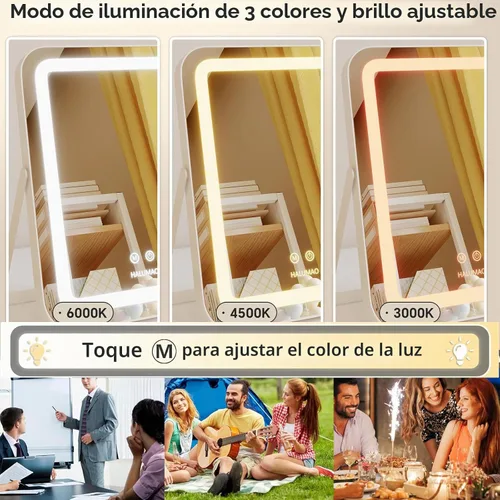 Vista 3 de halumao Espejo de tocador con luces, espejo de maquillaje iluminado de 14.5 pulgadas, espejo de maquillaje LED con luces para mesa de dormitorio